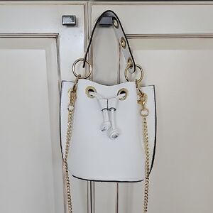 Elegant White Bucket Bag with Gold Accents